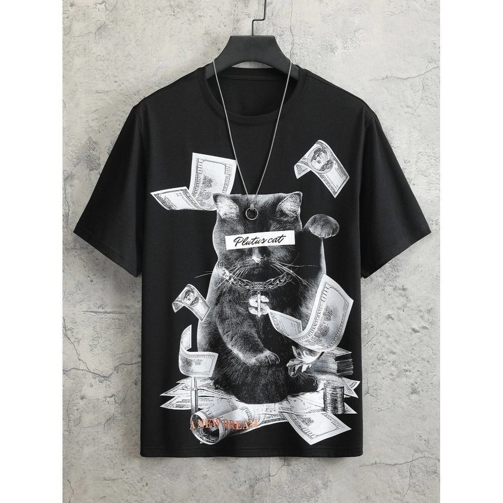 NEW SHEIN Mens Cat &‎ Letter Graphic Tee Size S Color Black